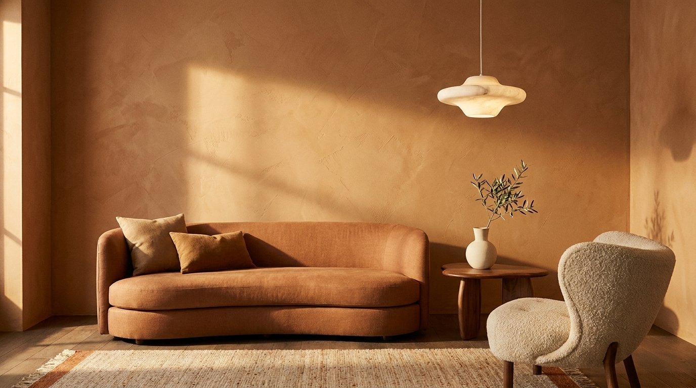 Salón decorado con tendencias de decoración 2026: paleta cálida, mobiliario de líneas curvas y materiales artesanales